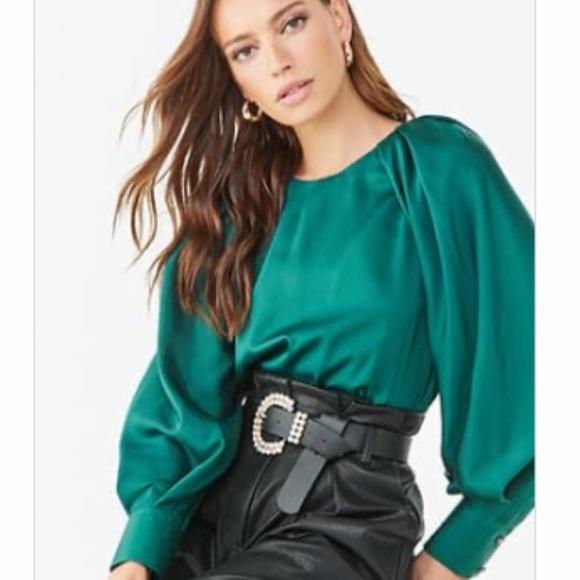 Forever 21 Tops - NWT Emerald Green Satin Pleated Blouse
